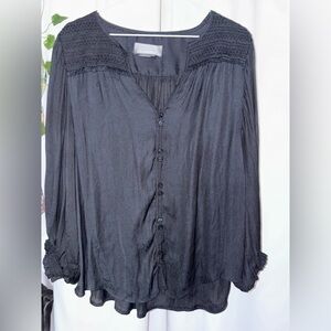 Anthropologie Black Smocked Yoke Button-Front Peasant Blouse